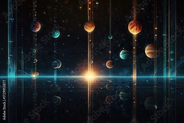 Obraz Fantasy Universe Background with Planets and Orbits, Celestial Abstract Illustration of Planetary System 