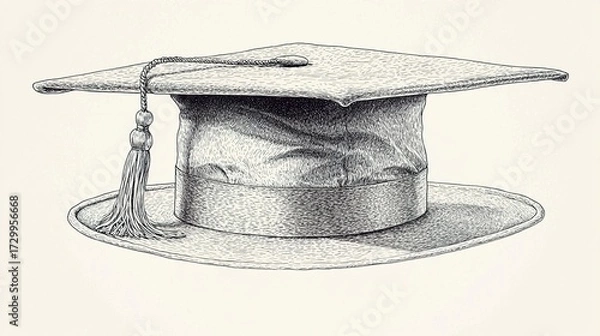 Fototapeta Hand Drawn Line Art Vector Illustration of Graduation Hat in Minimal Graduation Line Art Style for Academic Design