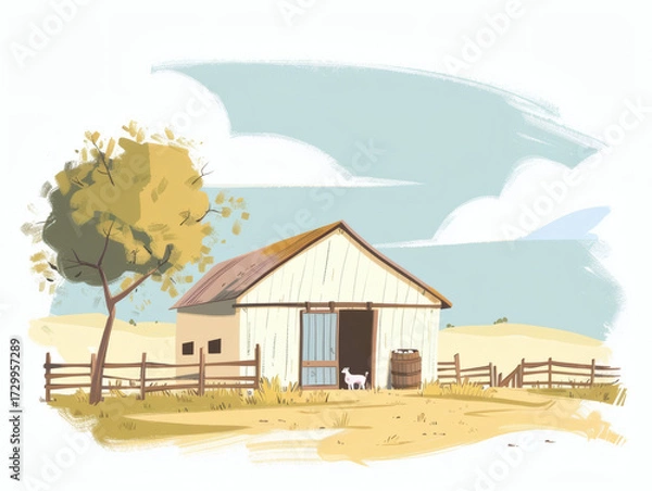 Fototapeta Rustic village farm drawing in color sketch, AI generated