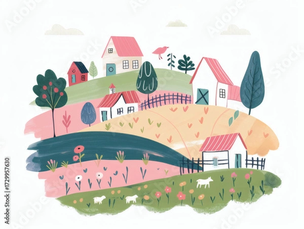 Fototapeta Rustic village farm drawing in color sketch, AI generated