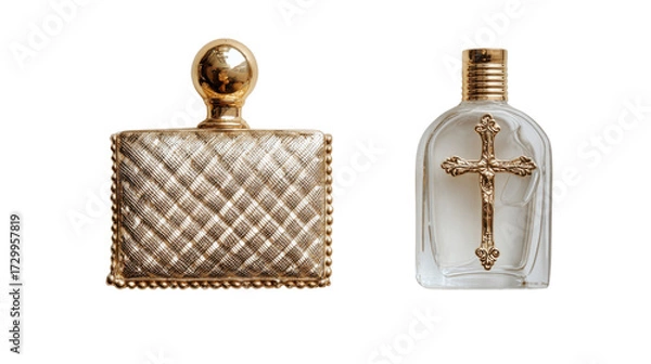 Fototapeta Luxury Perfume Bottles with Golden Accents and Cross Design on white background