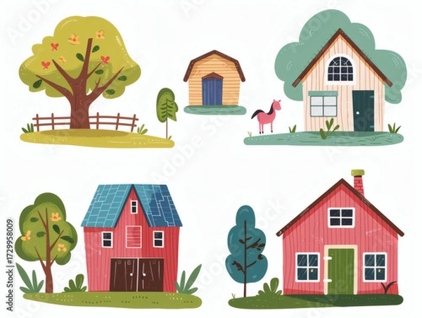 Fototapeta Rustic village farm drawing in color sketch, AI generated
