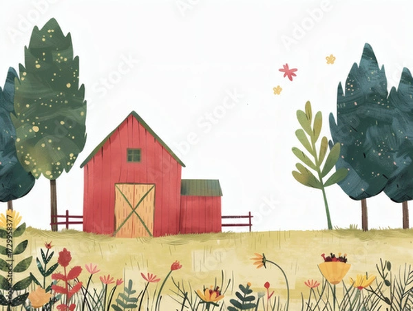Fototapeta Rustic village farm drawing in color sketch, AI generated