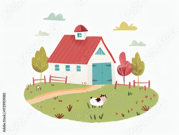 Fototapeta Rustic village farm drawing in color sketch, AI generated