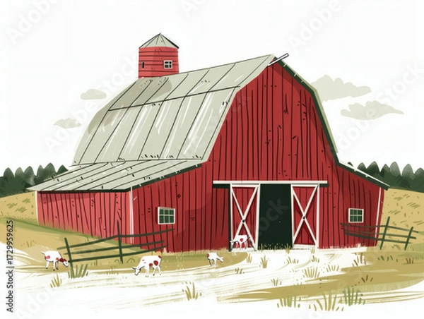 Fototapeta Rustic village farm drawing in color sketch, AI generated