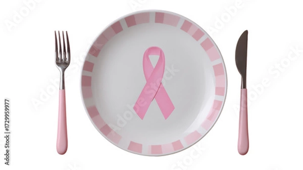 Fototapeta Pink Ribbon on Plate with Cutlery on white background