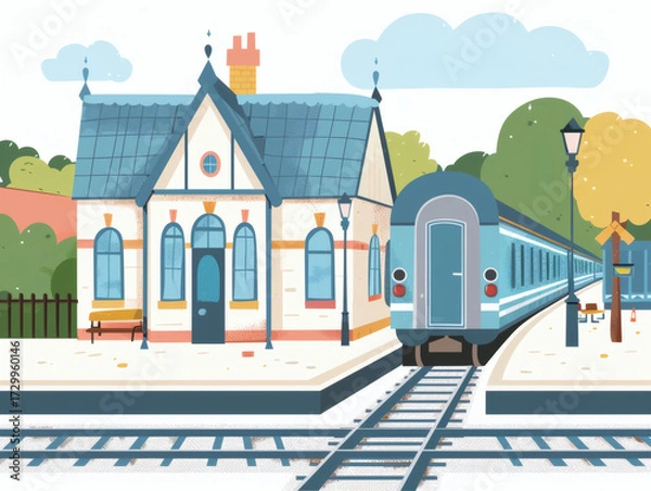 Fototapeta Train stop illustration in sketch, AI generated