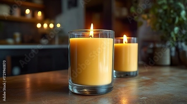 Fototapeta Handmade Natural Candles in Rustic Setting with Handcrafted Organic Wax for Cozy Decorative Ambiance
