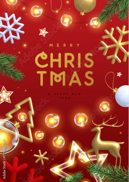 Fototapeta Merry Christmas and Happy New Year poster with 3d plastic and metallic snowflakes, baubles and string of lights on red background. Vector illustration