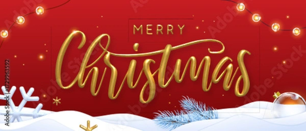 Fototapeta Typography Merry Christmas banner with 3d golden text, snow, Christmas tree, snowflakes and string of lights on red background. Vector illustration