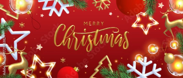 Fototapeta Merry Christmas and Happy New Year banner with 3d plastic and metallic snowflakes, baubles and string of lights on red background. Vector illustration