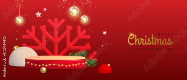 Fototapeta Christmas holiday snowcase background with 3d podium, plastic snowflake and baubles on red background. Vector illustration