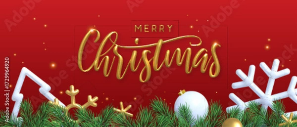 Fototapeta Typography Merry Christmas banner with 3d golden text, Christmas tree, snowflakes and baubles on red background. Vector illustration