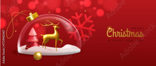 Fototapeta Merry Christmas and Happy New Year banner with 3d glass ball, Christmas tree and golden deer statuette on red background. Vector illustration