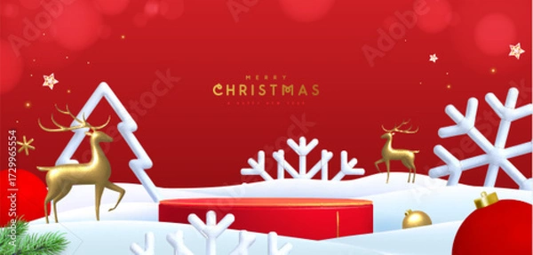 Fototapeta Christmas holiday snowcase background with 3d podium, snow, plastic snowflakes and golden deer statuettes on red background. Vector illustration