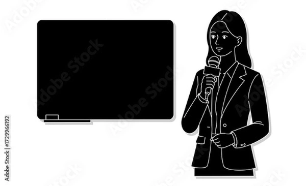 Fototapeta プレゼンを行うビジネス女性のモノクロ素材イラストアイコン