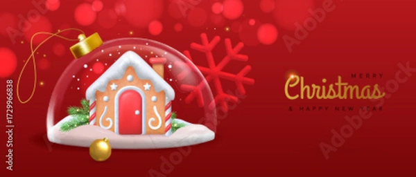 Fototapeta Merry Christmas and Happy New Year banner with 3d glass ball and gingerbread house on red background. Vector illustration