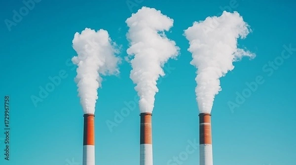 Fototapeta Industrial smokestacks emit white clouds against a clear blue sky.