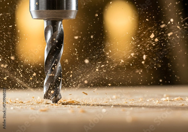 Fototapeta Closeup of a drill bit drilling into a wooden surface, creating sawdust and debris