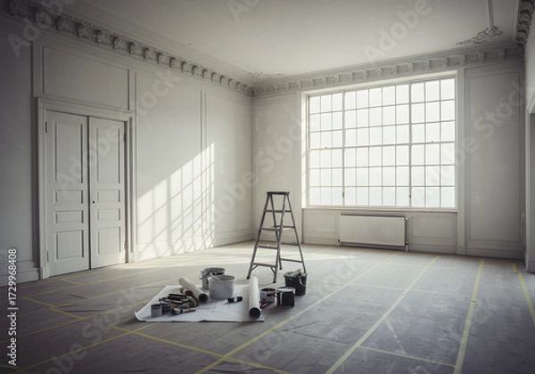 Fototapeta A room under renovation with tools and blueprints on the floor near a ladder