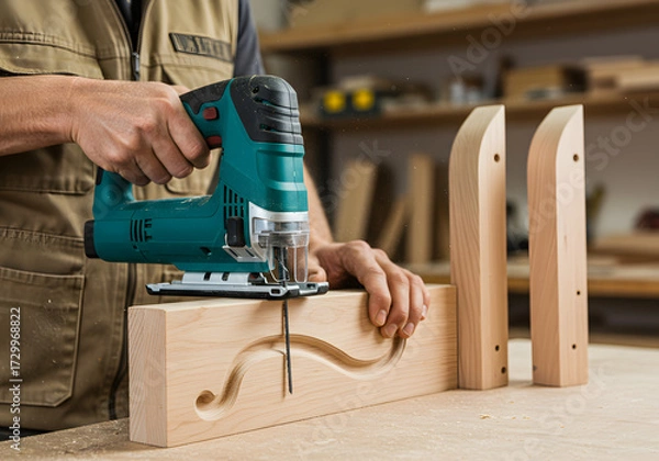Fototapeta Carpenter using a jigsaw to cut a pattern in a piece of wood in workshop