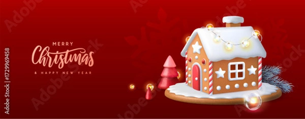 Fototapeta Merry Christmas and Happy New Year banner with 3d gingerbread house, Christmas tree and string of lights on red background. Vector illustration