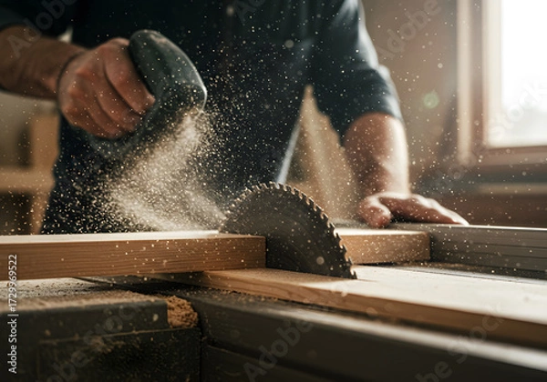 Fototapeta Carpenter cutting wood with table saw in workshop with sawdust flying around blade