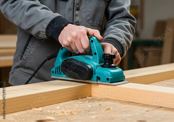 Fototapeta Closeup of a carpenter using a power planer to smooth a wooden surface