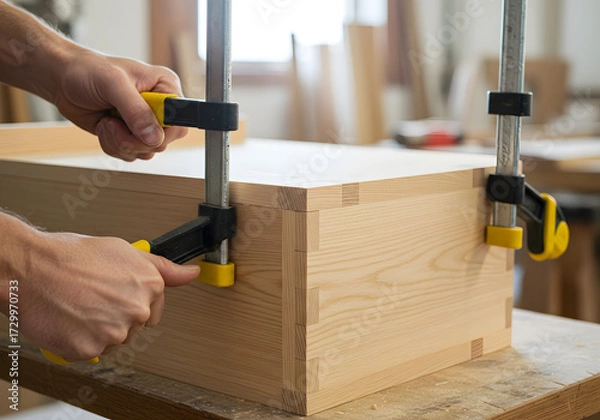 Fototapeta Closeup of a woodworker using clamps to secure a wooden box in a workshop setting