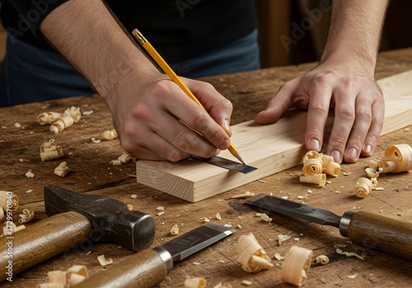 Fototapeta Closeup of a woodworker marking a piece of wood with a pencil and ruler on a workbench