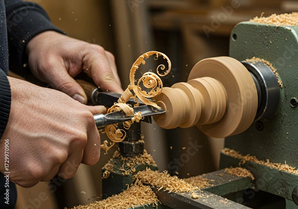 Fototapeta Closeup of a woodworker using a lathe to shape a piece of wood in a workshop setting