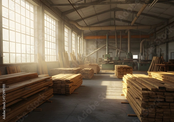 Fototapeta Interior of a woodworking factory with stacks of lumber and sunlight coming through windows