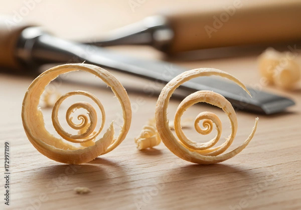 Fototapeta Closeup of wood shavings and chisel on a wooden surface in a woodworking shop
