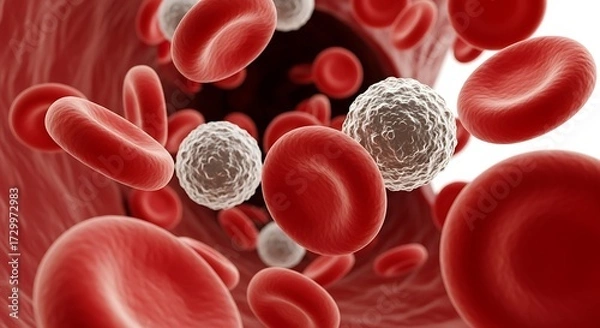 Obraz Red and white blood cells flowing in a blood vessel