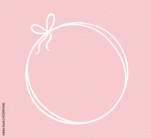 Fototapeta Bow circle coquette frame. Vintage lace ribbon round border. Hand drawn circle line bow frame. Doodle girly decorative white border. Vector illustration isolated on pink background.