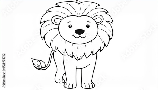 Obraz Adorable cartoon lion with a fluffy mane and tiny crown, outlined in bold black lines. Perfect for kids’ coloring books, educational materials, and fun jungle or animal-themed designs.