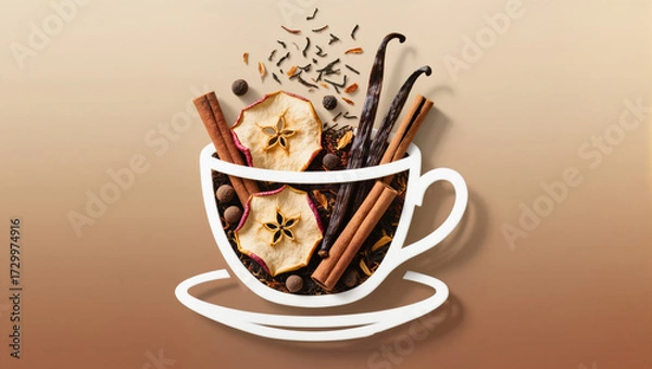 Fototapeta Aromatic tea blend with dried apple, cinnamon, vanilla bean, allspice, rooibos tea for cozy autumn vibes.