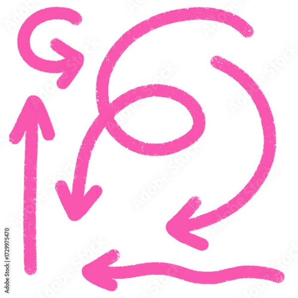 Fototapeta Collection of pink hand-drawn arrows against a black background highlighting direction and movement