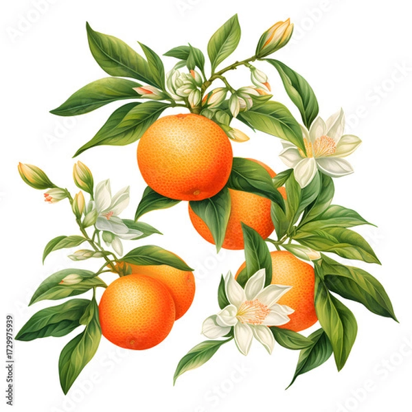 Fototapeta Vintage Botanical Illustration of an Orange Tree Branch with Blossoms. Isolated on a White Background.