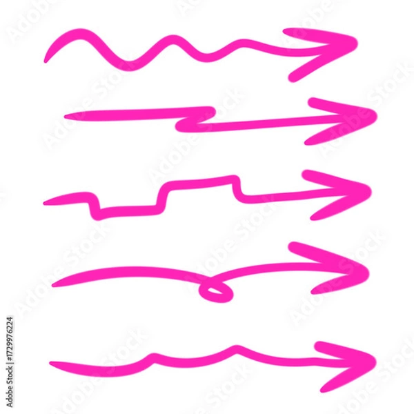 Fototapeta Hand-drawn arrow collection in vivid pink against a stark black backdrop for digital use