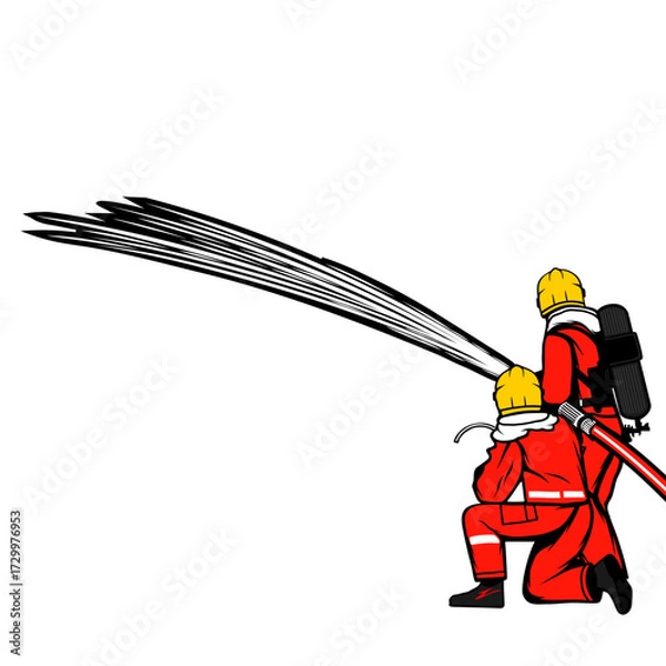 Obraz two firefighters sprayed water vector illustration
