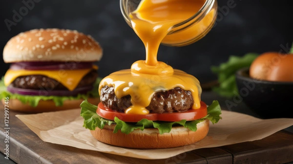 Fototapeta Delicious beef burger with pouring cheese sauce. savory, appetizing meal with lettuce and tomato for hearty lunch or dinner