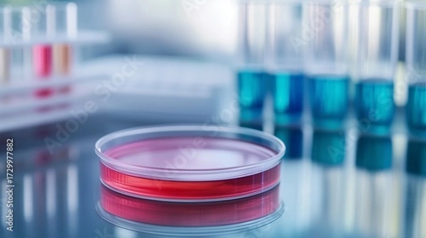 Fototapeta A close-up of a petri dish with red culture medium, surrounded by colorful test tubes, set in a laboratory environment.