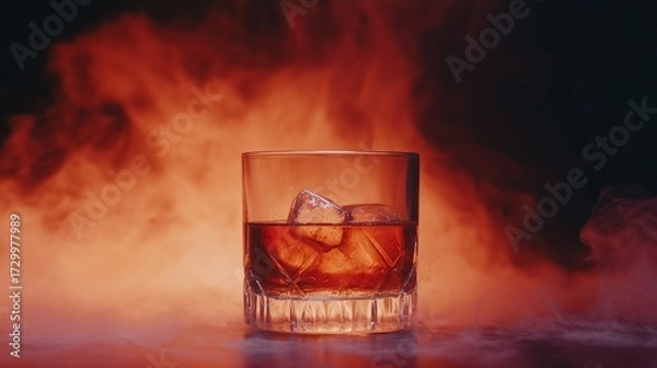 Fototapeta A close-up of a glass of whiskey with ice, surrounded by a smoky.
