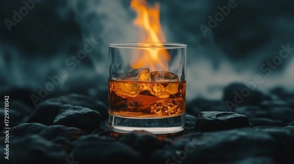 Fototapeta A glass of whiskey with ice sits on dark stones, illuminated by a flickering flame, striking contrast between fire and drink.
