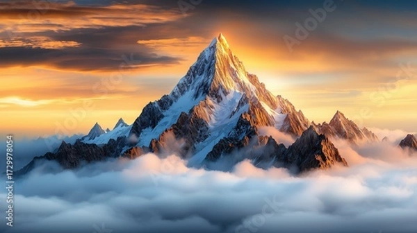 Fototapeta A stunning mountain peak rises above the clouds, illuminated by a warm sunset, majestic snow-capped slopes and dramatic skies.