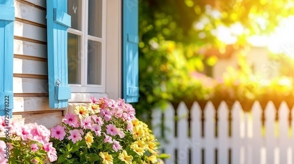 Fototapeta A charming window with blue shutters surrounded by colorful flowers, bathed in warm sunlight.