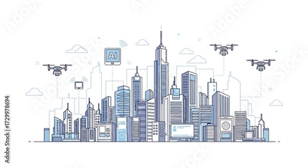 Fototapeta Futuristic cityscape featuring drones, connected devices, and modern skyscrapers, all linked.