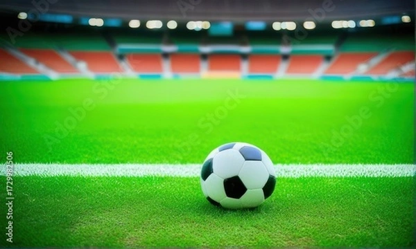 Fototapeta Soccer Ball on Green Field at Stadium with Bright Lights and Seating Area Blurred Background