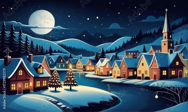 Fototapeta Snowy Village Scene Under a Full Moon at Night with Pixel Art Style